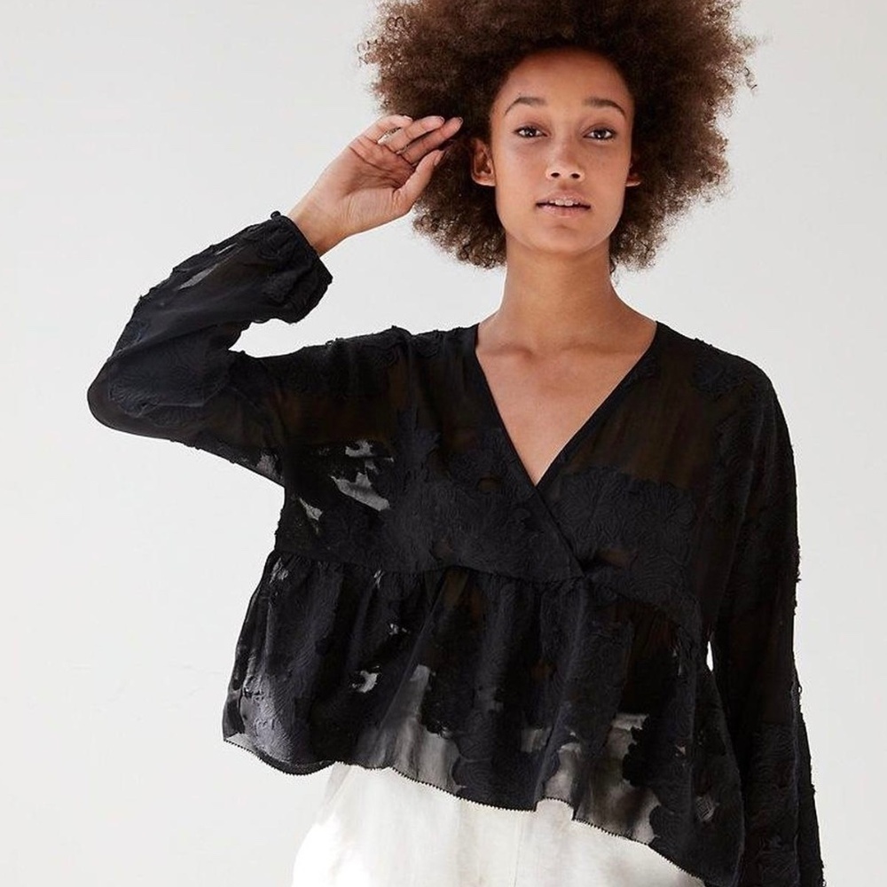 Aritzia Wilfred Black Sheer Crossover Neckline Floral Appliqué Top